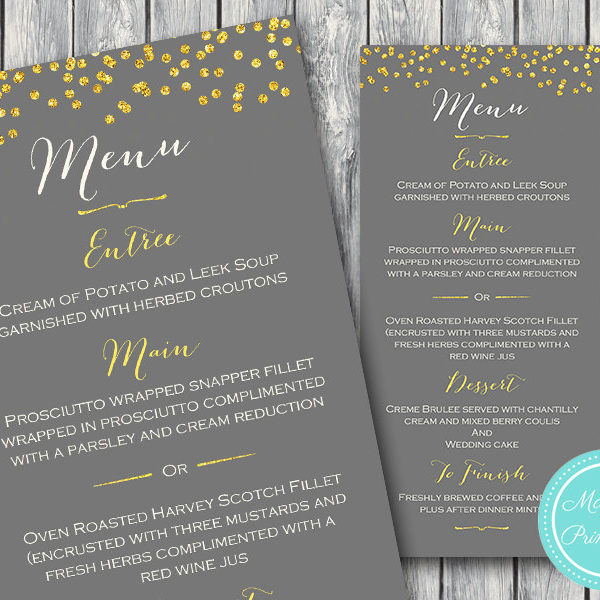 Gold Wedding Menu, Gold Engagement Menu, Gold Bridal Shower Menu