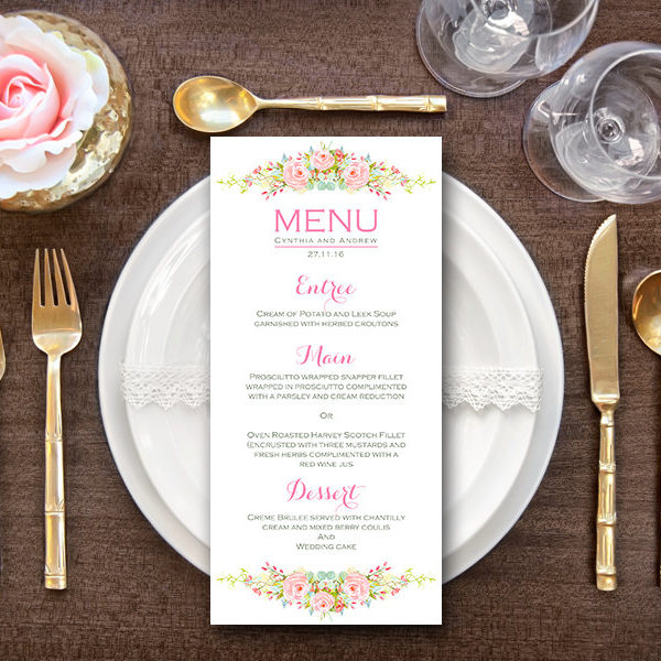 Hot Pink Floral Wedding Menu, Bridal Shower Menu - Bride & Bows