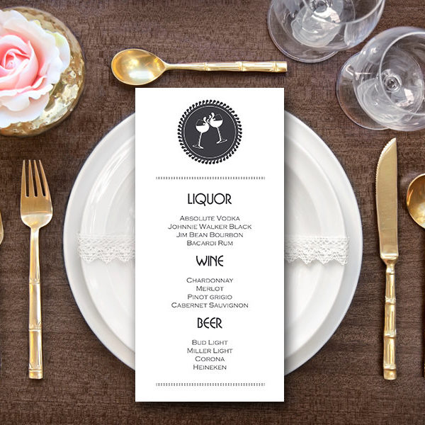 Modern Black and White Bar Wedding Menu, Bar Menu - Bride & Bows