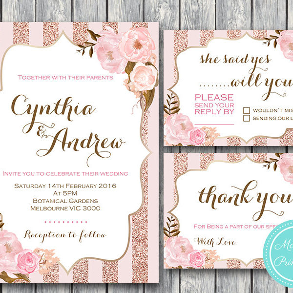 Custom Rose Gold Wedding Invitation Set-RSVP-Thank you-Printable Invitation