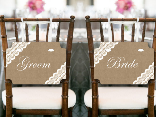 Burlap Lace Bride and Groom Chair Banner, Wedding Decorations