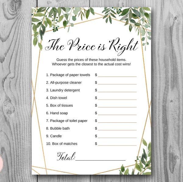 Greenery Price is Right game printable