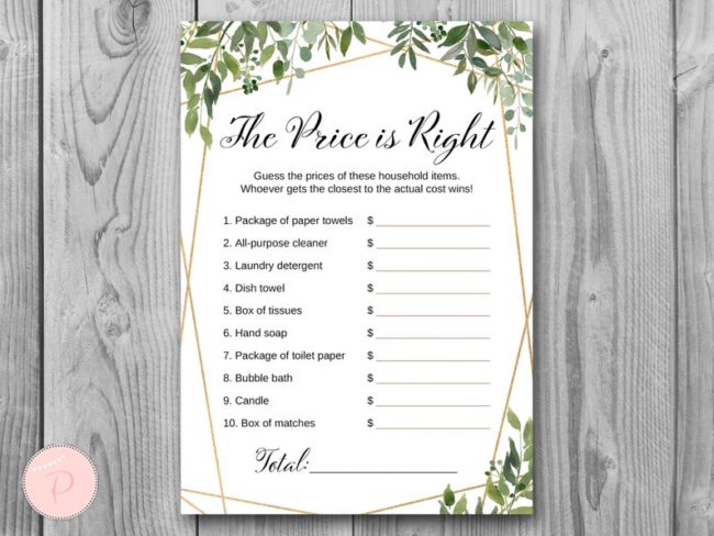 Greenery Price is Right game printable