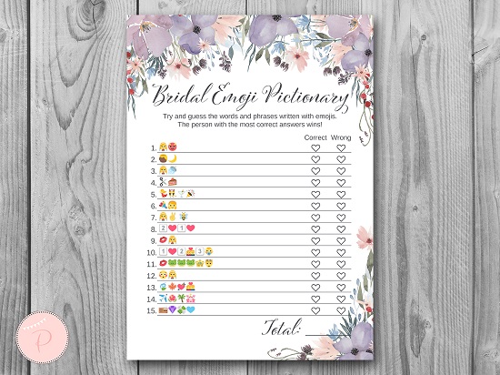 INSTANT DOWNLOAD Lavender Floral Bridal Emoji Pictionary Quiz