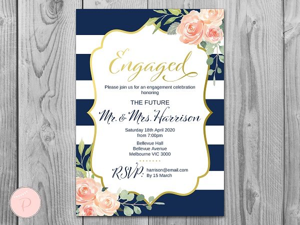 navy and gold engagement invitation