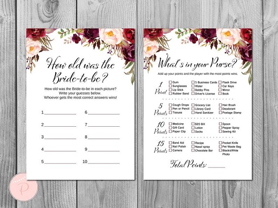 Marsala Floral Bridal Shower Games Package 1