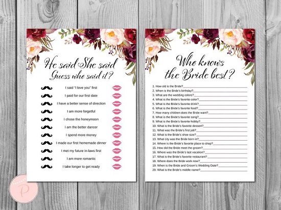 Marsala Floral Bridal Shower Games Package 3