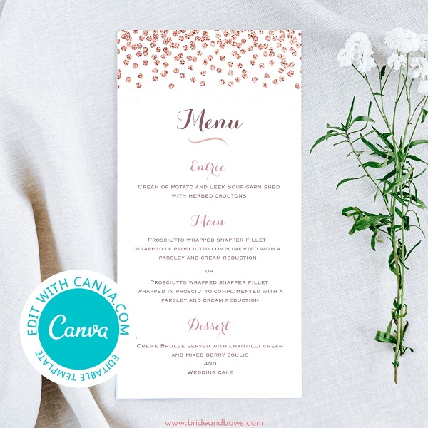 Editable Rose Gold Menu, Rose Gold Bridal Shower Menu