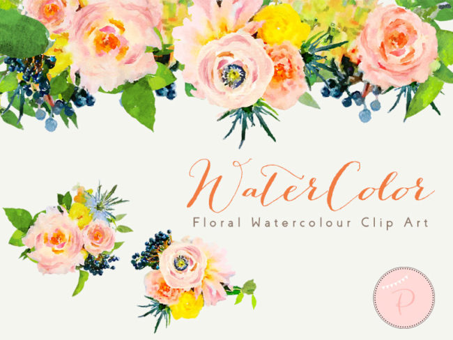 watercolor floral rustic cliparts pink yellow blush WCA17