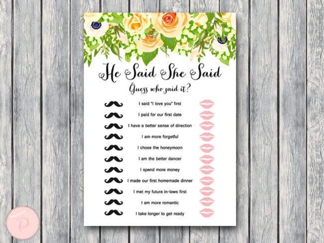 TH01-5x7-he-said-she-said  yellow floral bridal shower games summer