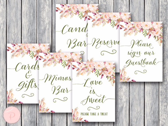 Boho Floral Bridal Shower Table Signs Package