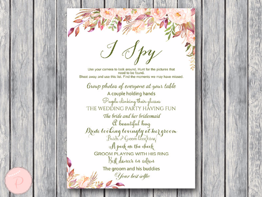 Boho Floral I Spy Wedding Scavenger Game