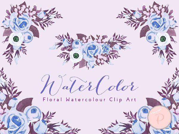 blue floral watercolor clipart