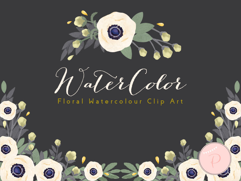 Anemone white floral watercolor clipart wedding