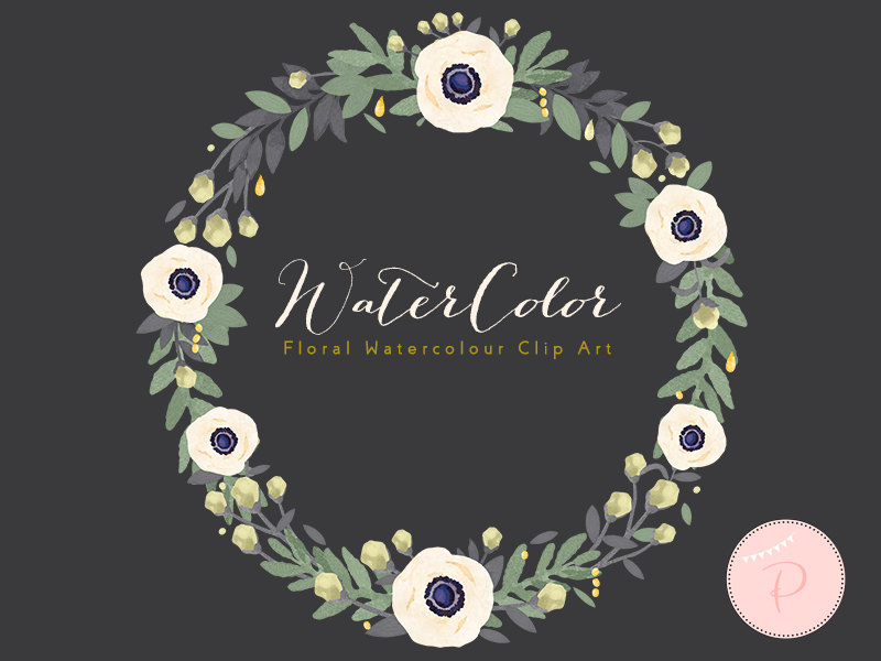 Anemone white floral watercolor clipart wedding