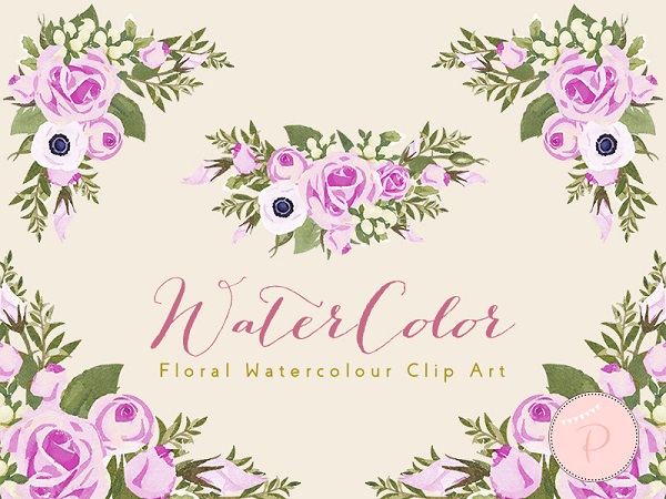 magenta rose and anemone flower clipart
