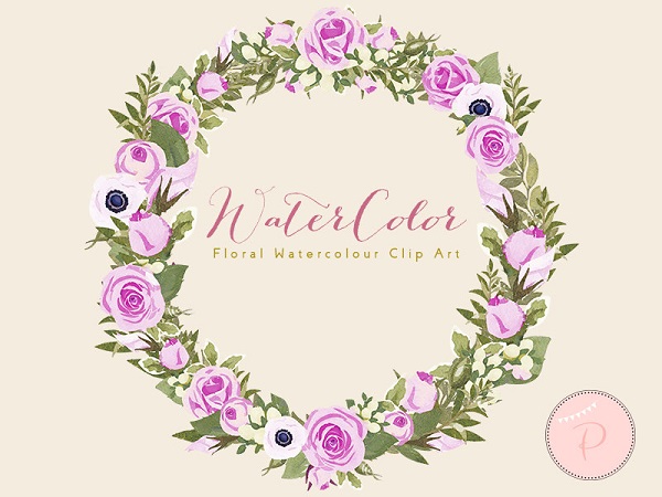 magenta rose and anemone flower clipart wreath