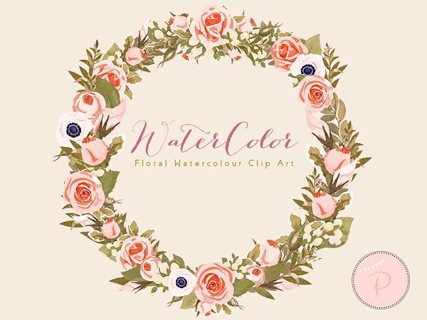 red pink roses and anemone flower clipart wreath