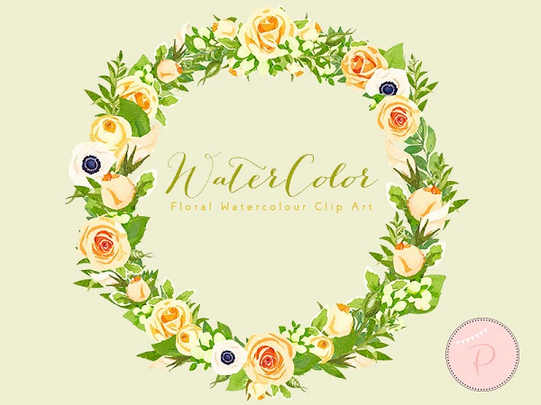 yellow ivory rose and anemone clipart watercolor wreath