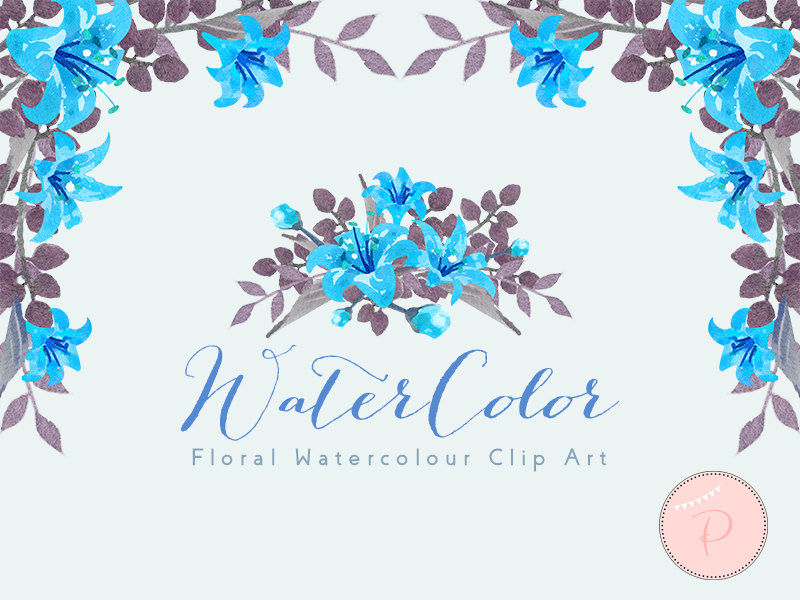 blue watercolor flower and wreath clipart wedding elegant florals