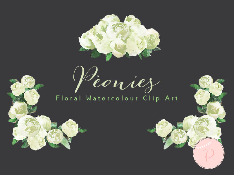 Watercolor Lime White Florals, Wedding Peonies Clip art 2