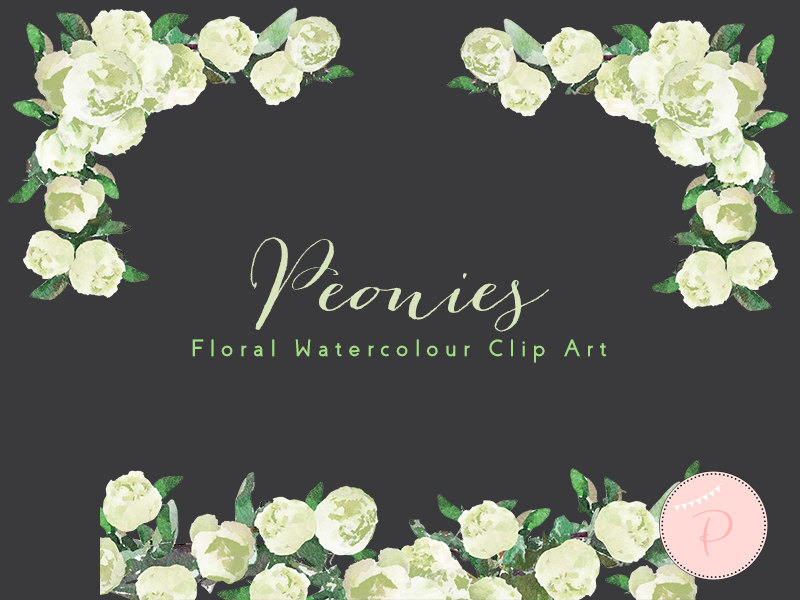 Watercolor Lime White Florals, Wedding Peonies Clip art 2