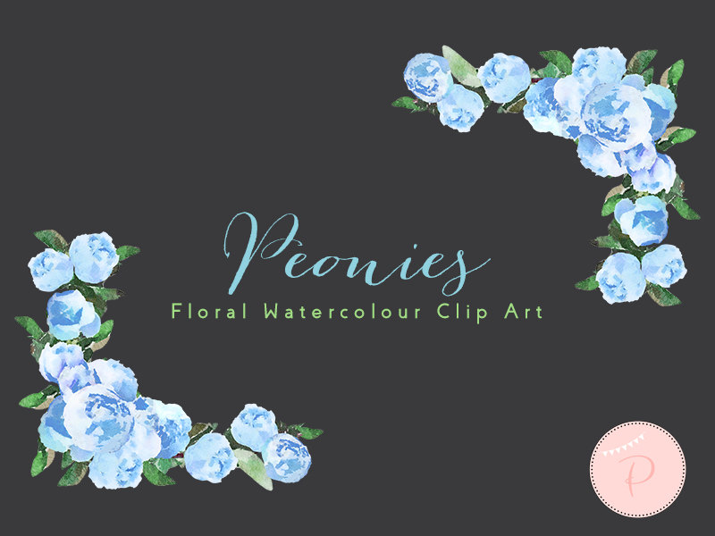 Watercolor Blue Florals, Wedding Peonies Clip art 2