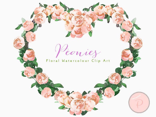 pink peonies flower clipart heart wreath